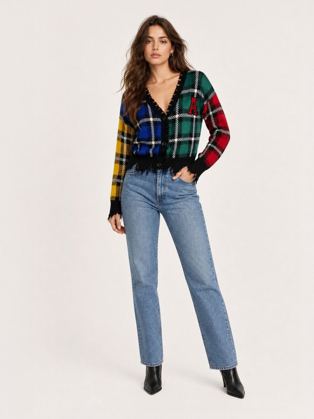 Runway M Plaid Patchwork Distressed Cardigan Varsity A Y2K Grunge Preppy